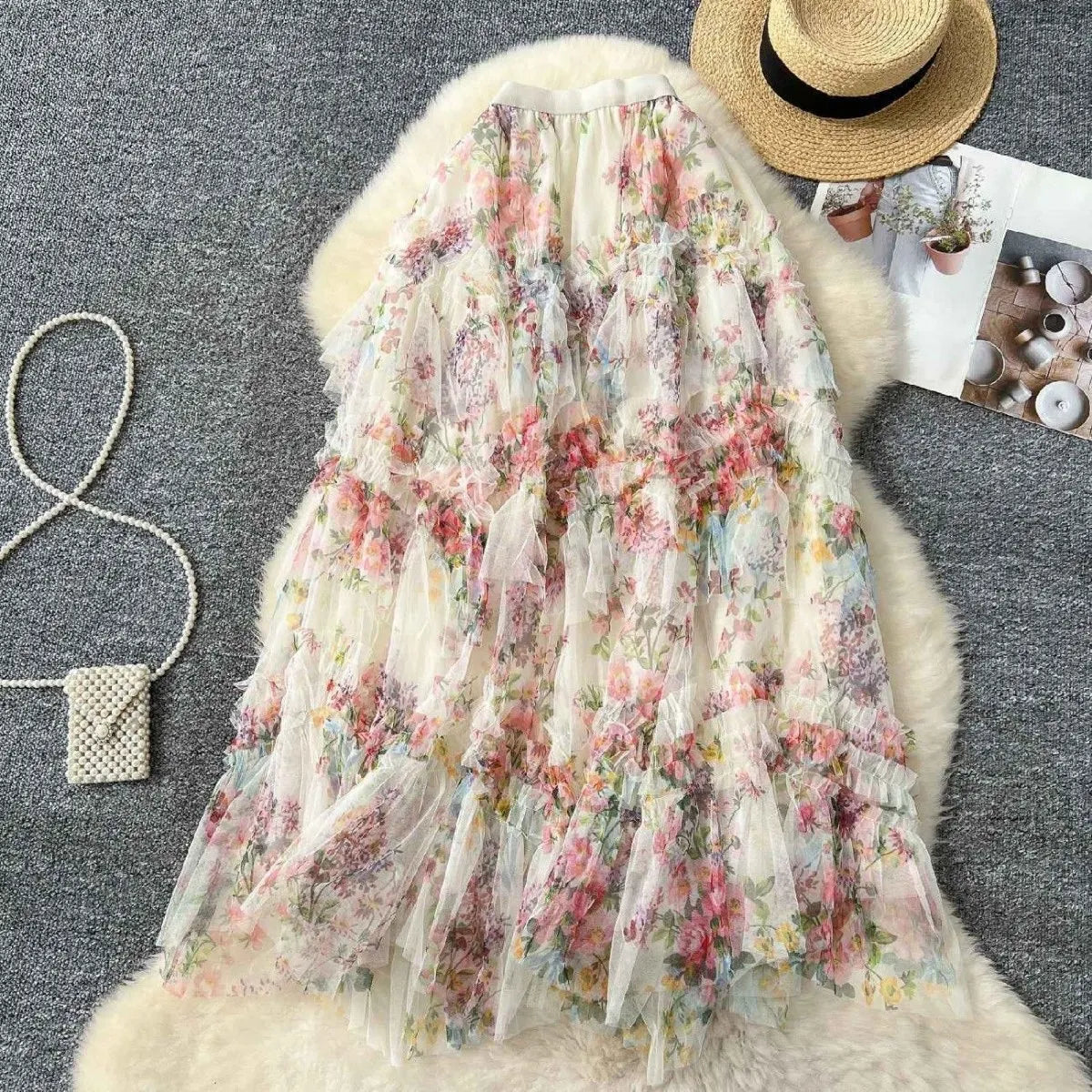 Falda Midi de Malla con Estampado Floral de Cintura Alta Estilo Coreano para Mujer, Falda Hada Abullonada de Fibra de Poliést...