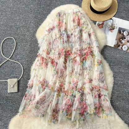 Falda Midi de Malla con Estampado Floral de Cintura Alta Estilo Coreano para Mujer, Falda Hada Abullonada de Fibra de Poliést...