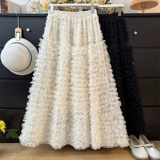 Falda de tul elegante de varias capas, estilo nuevo de primavera, cintura alta, línea A, plisada, informal, de fibra de polié...