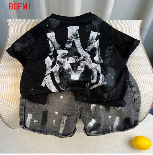 Nuevos niños moda verano algodón estampado de letras camisetas + pantalones cortos vaqueros Graffiti 2 uds conjunto niños trajes coreanos conjuntos ropa para niños