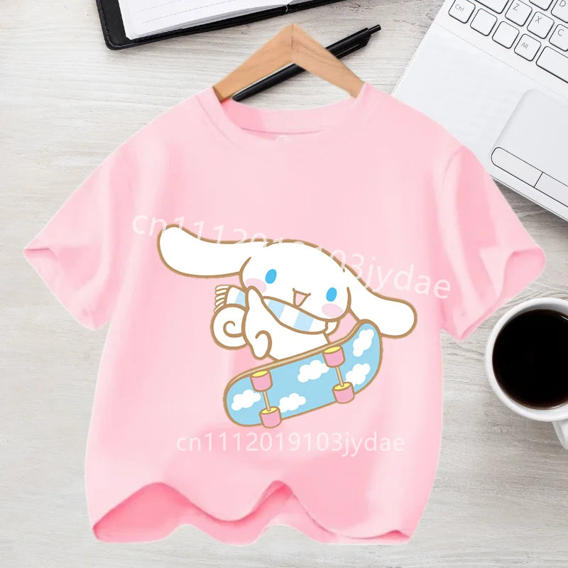 Camiseta de Manga Corta para Niños, Estilo Urbano, Verano 2026, Ropa Casual, Regalo Kawaii, Linda Camiseta de Cinnamoroll para Niña, Camiseta de Algodón con Estampado de Anime