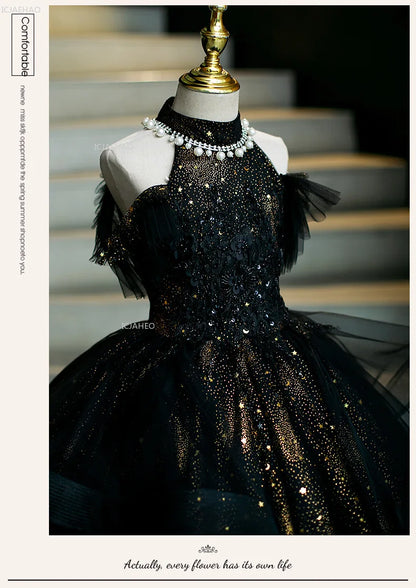Vestido de fiesta de cumpleaños negro para niñas, vestido de princesa de tul hinchado para actuaciones de Piano, vestidos de desfile de desfile de moda