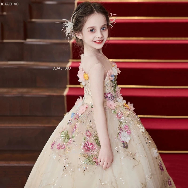 Vestido de fiesta de estilo francés para niñas con flores para el pequeño presentador Piano Recital flor niña boda niños vestido de desfile vestidos