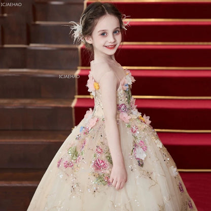 Vestido de fiesta de estilo francés para niñas con flores para el pequeño presentador Piano Recital flor niña boda niños vestido de desfile vestidos