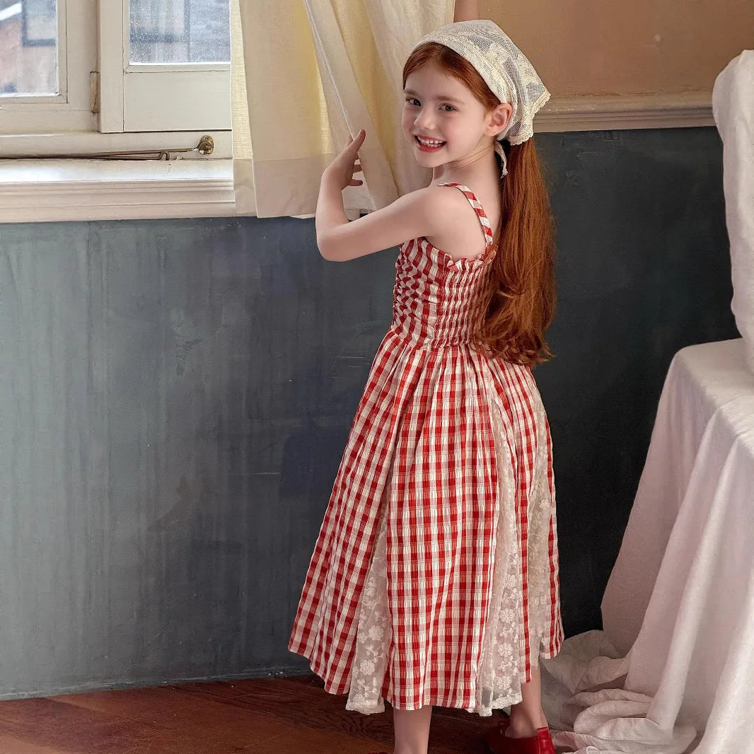 NOVEDAD DE VERANO 2025 vestido largo de hadas para niñas vestido de tirantes de encaje empalmado de encaje a cuadros rojo francés
