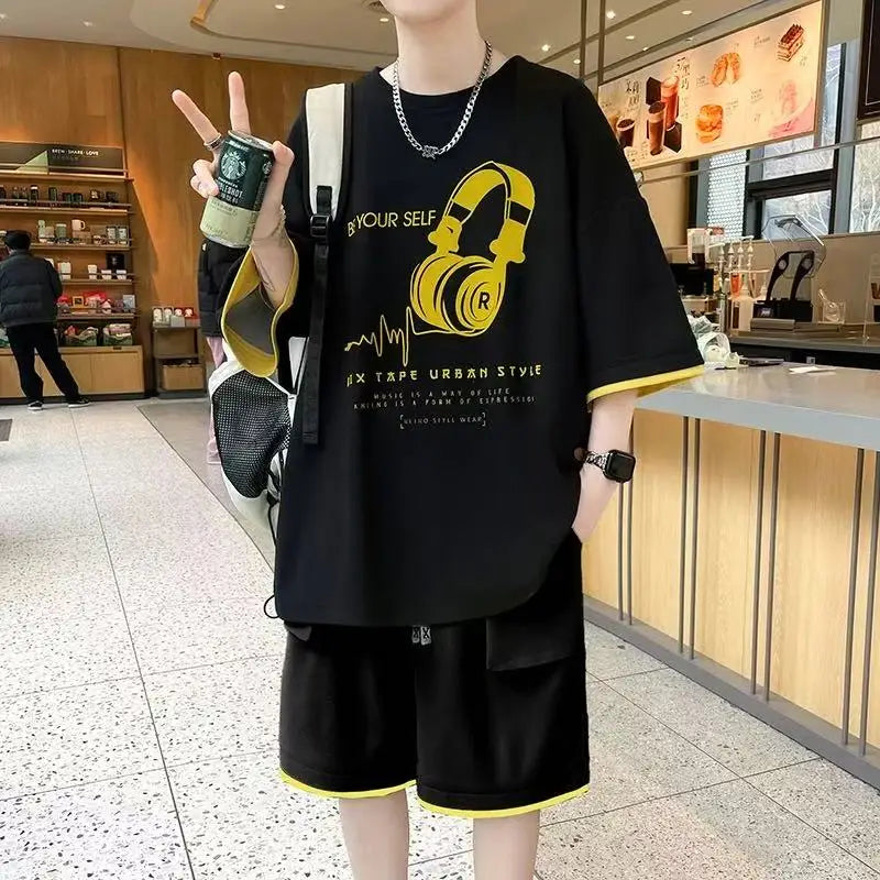 Nuevo conjunto de chándal de gran tamaño para hombre, camisetas geniales de verano, pantalones cortos deportivos, conjuntos de 2 piezas, trajes de moda, ropa para hombre 2025