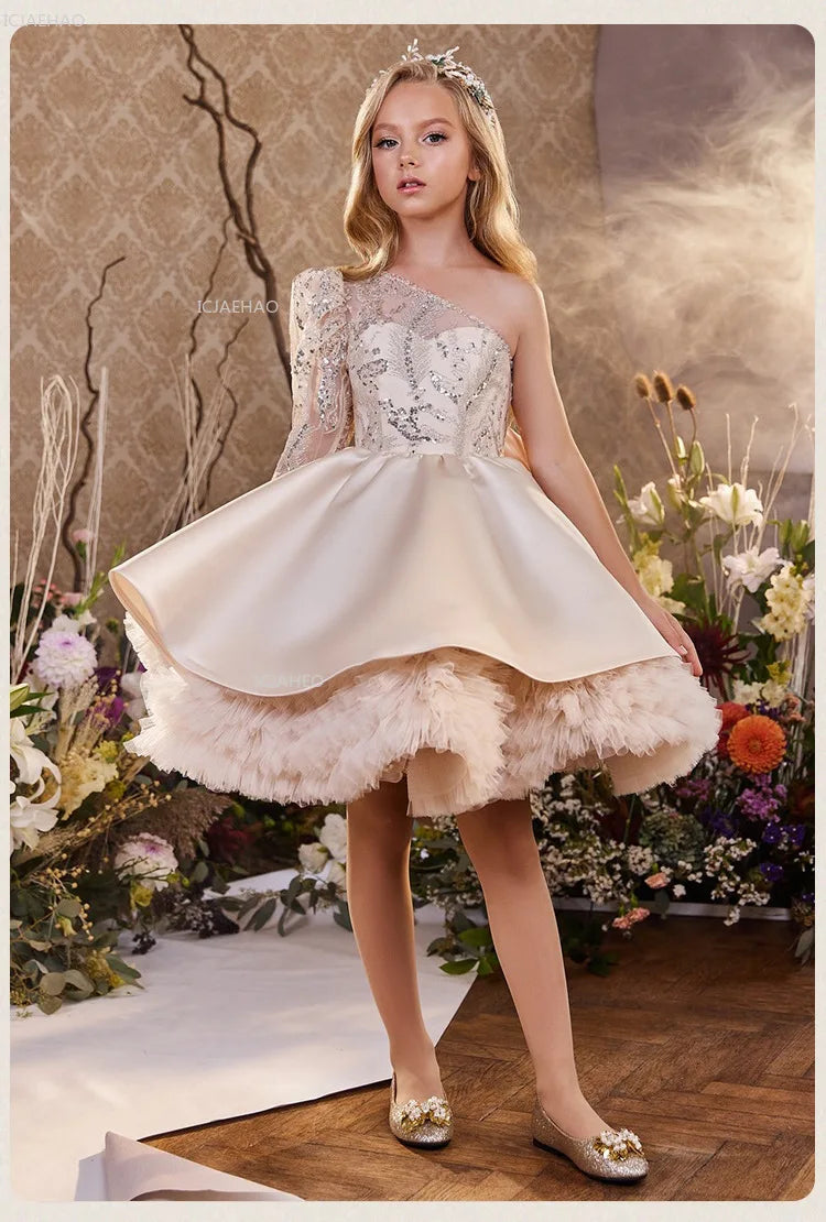 2026 nuevo vestido para niños vestido de princesa con lentejuelas un hombro falda acampanada con lazo Patchwork niños niñas traje Formal de celebración de fiesta