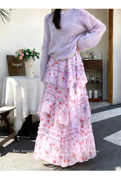 Primavera Verano 2026 Falda Larga de Tul Estampada de Cintura Alta con Empalmes Asimétricos, Falda de Pastel Colorida, Estilo...