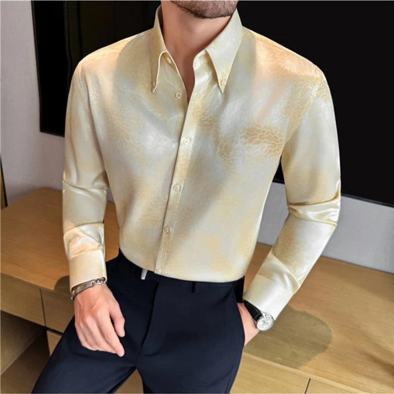 Camisa de manga larga de seda de imitación para hombre, camisa informal estampada de Color degradado a la moda, ropa Social de negocios, ropa de calle para hombre