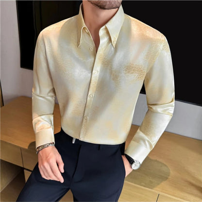 Camisa de manga larga de seda de imitación para hombre, camisa informal estampada de Color degradado a la moda, ropa Social de negocios, ropa de calle para hombre