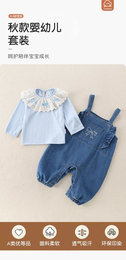 Conjunto de 2 piezas de lujo coreano para niña, conjunto de camiseta y camiseta a la moda con cuello de encaje, pelele elegante de Estilo Princesa, traje de otoño