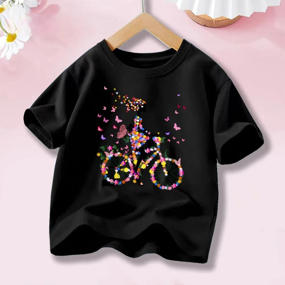 Camiseta de algodón de manga corta con estampado personalizado de mariposa y bicicleta para niña, moda de verano para niños