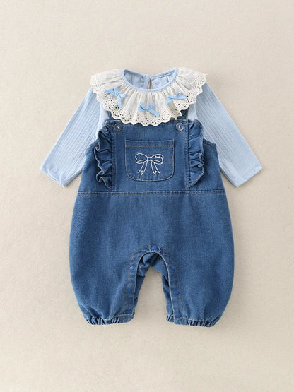 Conjunto de 2 piezas de lujo coreano para niña, conjunto de camiseta y camiseta a la moda con cuello de encaje, pelele elegante de Estilo Princesa, traje de otoño