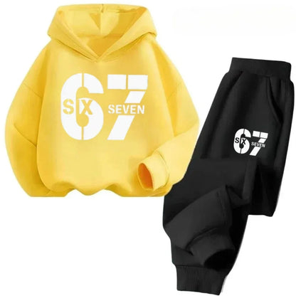 67 conjunto de sudaderas con capucha elegantes para niños de 4 a 13 años, ropa de calle coreana, chándal de bloque, sudadera cómoda a la moda para niños, conjuntos de 2 uds, traje de pantalón