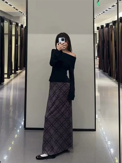 Falda Midi de Tul a Cuadros Estilo Británico BANA, Falda Ajustada de Cintura Alta para Mujer, Primavera Verano, Estilo OL, Fa...