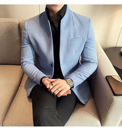 Chaqueta de traje con cuello levantado de alta calidad para hombre, chaquetas de negocios informales, abrigo coreano con gofres para boda, novio, banquete, vestido de fiesta, 2025