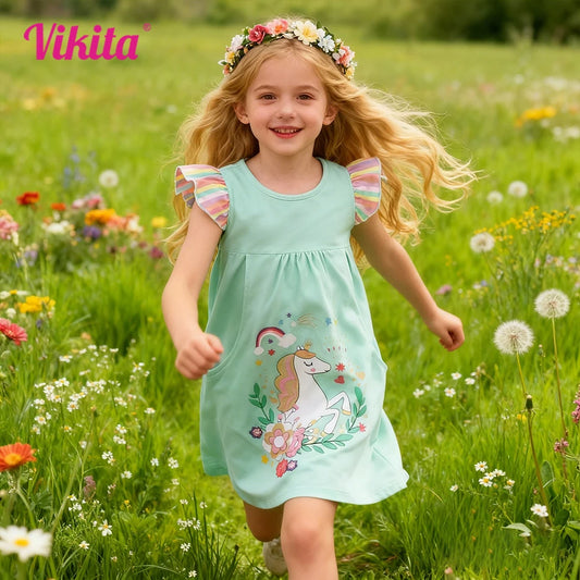 Vestido de Verano para Niñas Pequeñas con Estampado de Unicornio y Flores, Mangas Acampanadas, Color Verde Menta, Algodón, Casual, para Uso Diario o Fiestas