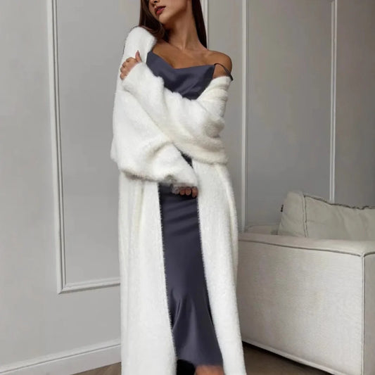 Cárdigan de punto blanco para mujer, suéter de manga larga con cuello en V, grueso y holgado, a la moda, para otoño e invierno