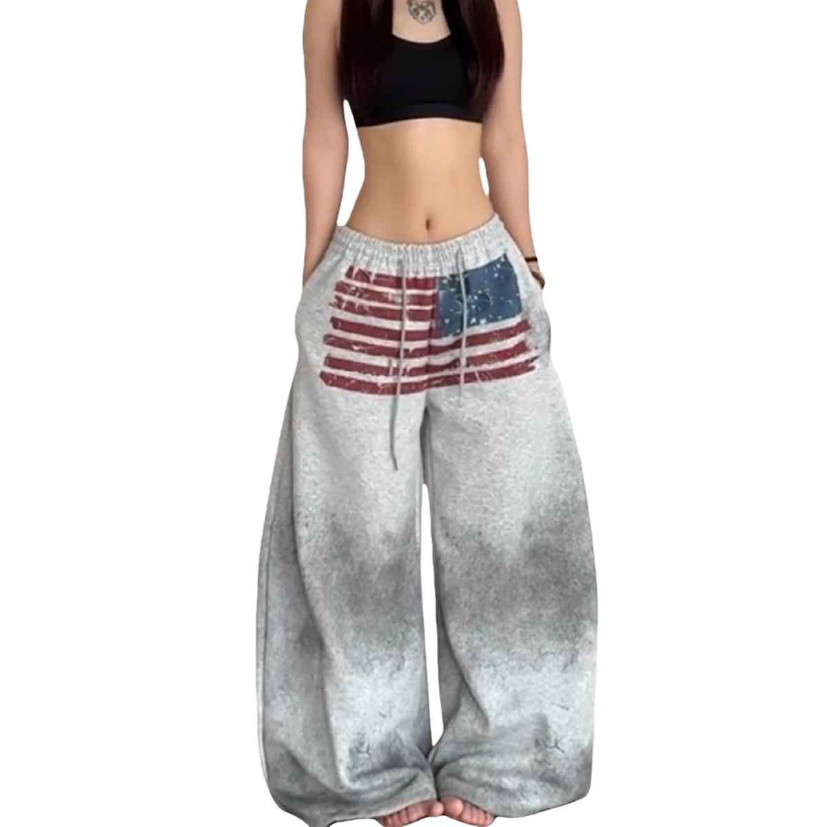 Pantalones Deportivos Casuales Holgados con Forro Polar Gris para Mujer, Pantalones con Estampado de Bandera Americana Teñida...