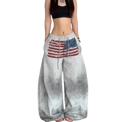 Pantalones Deportivos Casuales Holgados con Forro Polar Gris para Mujer, Pantalones con Estampado de Bandera Americana Teñida...