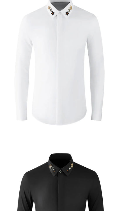 Camisa con cuentas hecha a mano para hombre, camisa de vestir Social de negocios de manga larga, traje informal de algodón de alta calidad para actuación en escenario de estrella