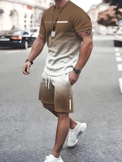 Sencillo de mármol con estampado en 3D, Top y Shorts de cuello redondo para hombres, moda urbana, traje informal de día a día para hombres