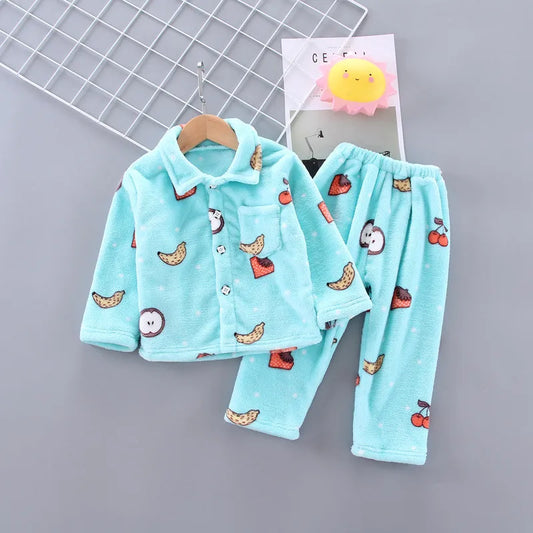 Nuevos conjuntos de pijamas de franela de invierno para niños, ropa de dormir cálida para niños, ropa de dormir con estampado de dibujos animados para niñas y niños, pijamas para niños de 1 a 5 años