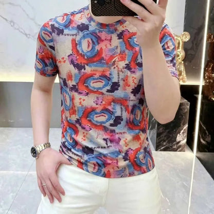Camiseta de Verano con Estampado Artístico para Hombre, Cuello Redondo, Tela de Seda de Hielo Transpirable, Estilo Casual, Versátil, para Salir de Noche