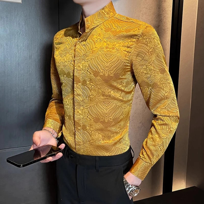 Camisas estampadas de manga larga con cuello levantado para primavera y otoño, camisa informal de moda para hombre de estilo chino Formal Social de negocios