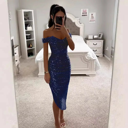 Vestido de fiesta de lentejuelas brillantes con un solo hombro y cremallera, vestido de noche de cintura media con falda larg...
