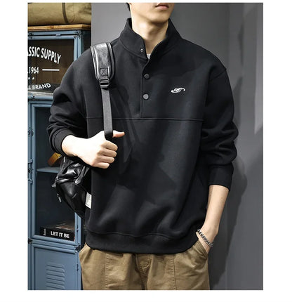 Otoño de los hombres de la letra impresa botón sudadera Stand Collar Patchwork pulóver sudaderas con capucha 2025 nuevo Casual Y2K manga larga Sudaderas