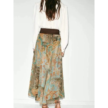 Falda Midi de Gasa con Estampado Retro Dulce y Moderno para Mujer, Estilo Veraniego, Diseño Holgado en la Cintura, Corte en A...