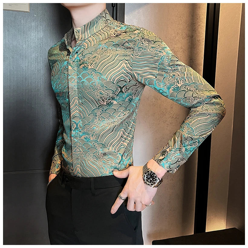 Camisas estampadas de manga larga con cuello levantado para primavera y otoño, camisa informal de moda para hombre de estilo chino Formal Social de negocios