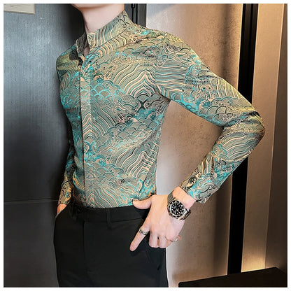 Camisas estampadas de manga larga con cuello levantado para primavera y otoño, camisa informal de moda para hombre de estilo chino Formal Social de negocios