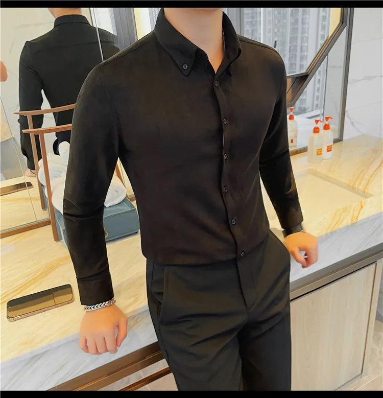 Camisa de ante de alta calidad para hombre, camisas de negocios informales de manga larga para otoño e invierno, blusa de esmoquin para fiesta Social, ropa para hombre 2023
