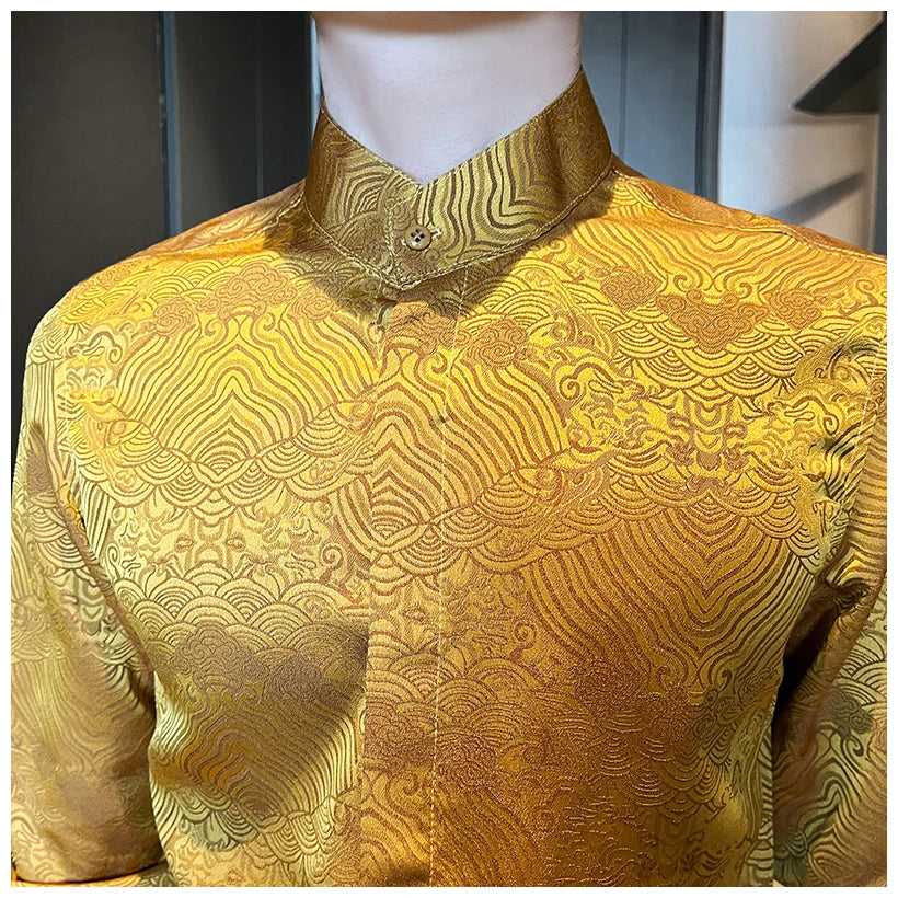 Camisas estampadas de manga larga con cuello levantado para primavera y otoño, camisa informal de moda para hombre de estilo chino Formal Social de negocios