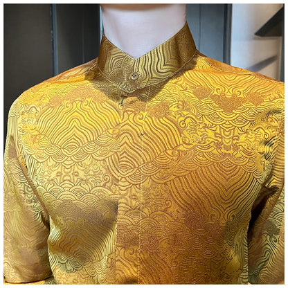 Camisas estampadas de manga larga con cuello levantado para primavera y otoño, camisa informal de moda para hombre de estilo chino Formal Social de negocios