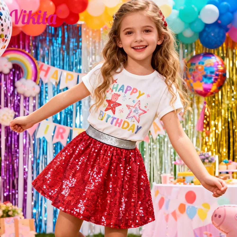 VIKITA-faldas rojas con lentejuelas para niñas y adolescentes, minifalda de Ballet para actuación de fiesta de cumpleaños de princesa brillante, 3-7 años