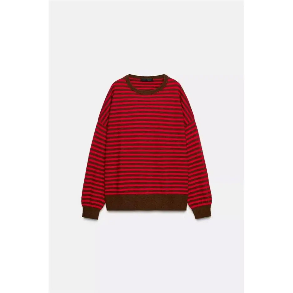Suéter de punto informal y versátil de manga larga con cuello redondo para mujer, estilo universitario, con patrón de rayas, ...