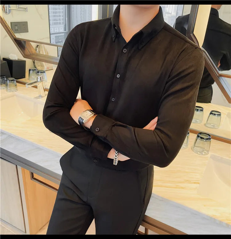 Camisa de ante de alta calidad para hombre, camisas de negocios informales de manga larga para otoño e invierno, blusa de esmoquin para fiesta Social, ropa para hombre 2023