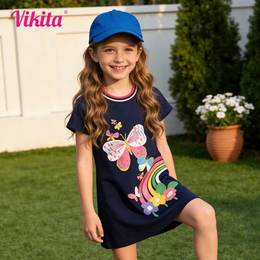 VIKITA Vestido de algodón con estampado de mariposas y flores arcoíris para niñas, azul marino, manga corta, recto, informal, para verano