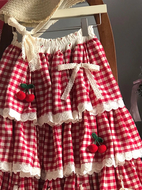 Falda de cintura alta con patchwork de cerezas, estilo A, para mujer, nueva colección primavera-otoño-invierno, dulce falda d...
