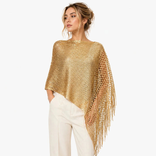 Chal de punto hueco con borlas y malla de hilo dorado y plateado transfronterizo para mujer - Colección Primavera/Verano - Ideal para fiestas nocturnas