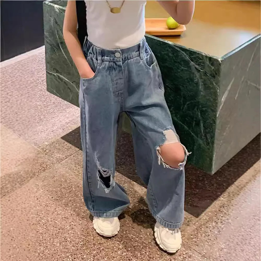 Pantalones Vaqueros Rotos de Moda Urbana 2026 para Niñas, Pantalones de Pierna Ancha de Cintura Alta para Bebés y Niñas Grandes, para Edades de 3 a 17 Años