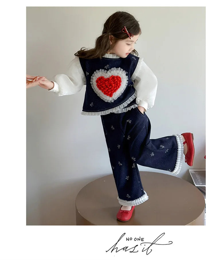 Conjunto de tres piezas con lazo grande de amor para niña, edición coreana de moda de primavera y otoño, ropa para niña