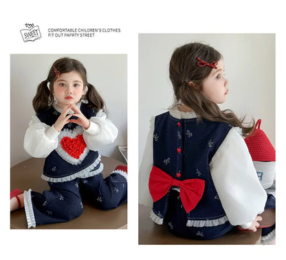 Conjunto de tres piezas con lazo grande de amor para niña, edición coreana de moda de primavera y otoño, ropa para niña