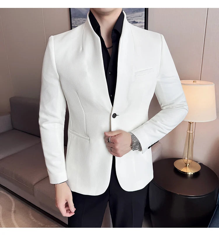 Chaqueta de traje con cuello levantado de alta calidad para hombre, chaquetas de negocios informales, abrigo coreano con gofres para boda, novio, banquete, vestido de fiesta, 2025