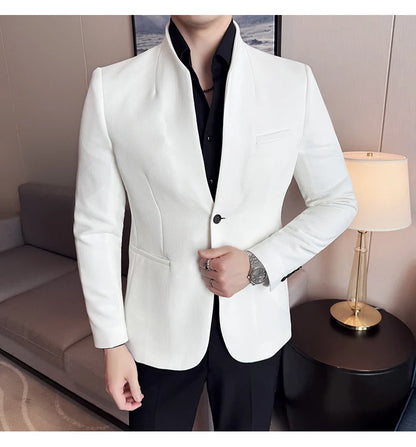 Chaqueta de traje con cuello levantado de alta calidad para hombre, chaquetas de negocios informales, abrigo coreano con gofres para boda, novio, banquete, vestido de fiesta, 2025
