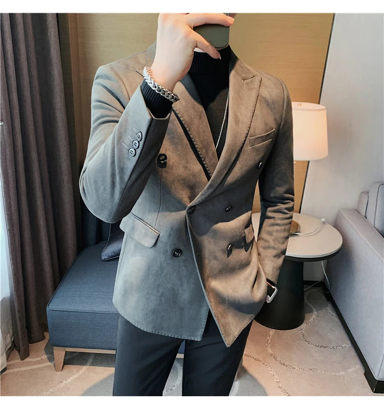 Chaqueta de ante con botones de doble botonadura para hombre, traje de negocios informal, ropa de calle Social, otoño e invierno, 2023