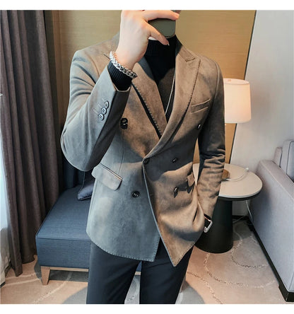 Chaqueta de ante con botones de doble botonadura para hombre, traje de negocios informal, ropa de calle Social, otoño e invierno, 2023